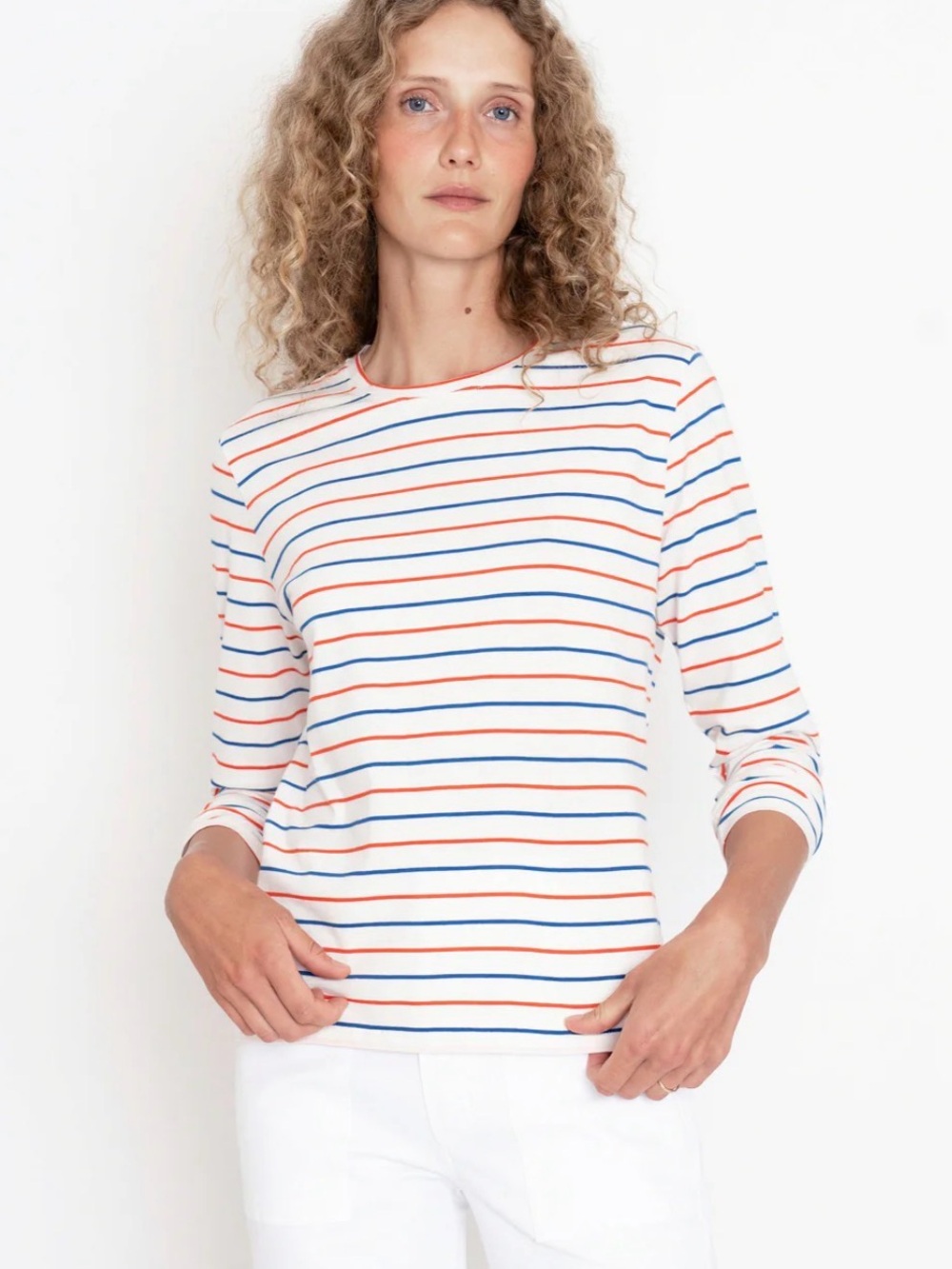 KULE The Striped Modern Long Tee White Blue Poppy Red S